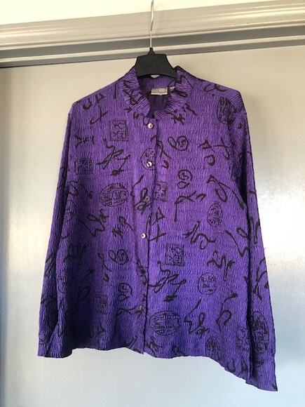 Chico's sz 3 (XL) Women's Purple Black Crinkle Long Sleeved Button Top - Picture 1 of 6
